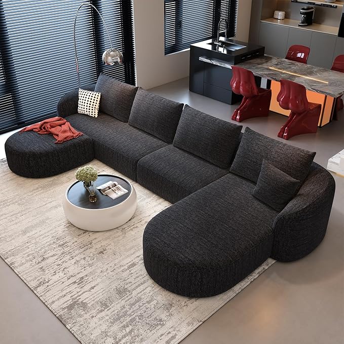 138.6" Modular Sectional Couches Luxury Modern Curved Back U-Shape Sofa Set with Ottoman,Minimalist Comfy Boneless Cloud Couch for Living Room Apartment,(Right Facing Chaise,Black)