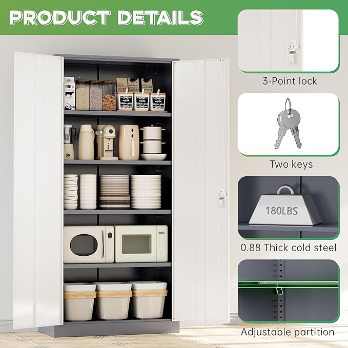 INTERGREAT Metal Storage Cabinet for Garage,72" Lockable Storage Cabinets with Doors and Adjustable Shelves,Steel Locking Cabinet for Garage,Office,Home,Gym,School (White Grey)