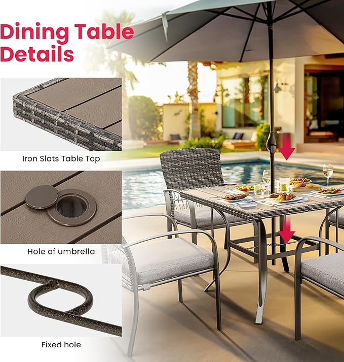 Pamapic 5-Piece Outdoor Furniture Set, Rattan Patio Dining Set with Weather-Resistant Iron Slats Table, 4 Stackable Chairs & Removable Cushions for Backyard, Deck, Garden (Grey)