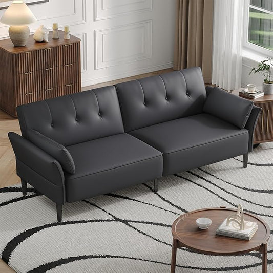 89” Futon Sofa Bed,Futon Couch Bed with 2 Square Pillows,Convertible Sleeper Sofa with Adjustable Backrest& Armrests, Modern Loveseat Sleeper for Living Room, Bedroom,Faux Leather Dark Gray