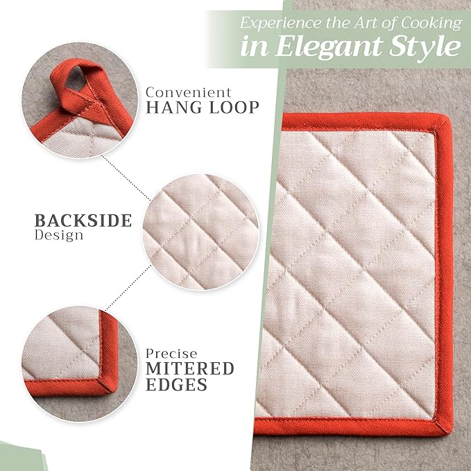 Maison d' Hermine Pot Holders Set 100% Cotton Heat Resistant Potholders 8" x 8" Hot Pads with Loop for Thanksgiving Christmas Decorations BBQ Cooking Baking Handling Hot Pans (Pack of 2, Potiron)