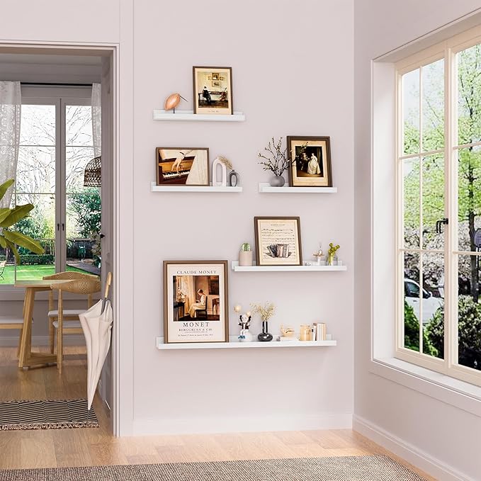 Heimlove Floating Shelves Set of 6, 24" Wall Mounted Picture Ledge, Display Shelf Organizer for Decor Storage, Wall Mounted Shelves for Living Room, Bedroom, Bathroom, Kitchen (White)