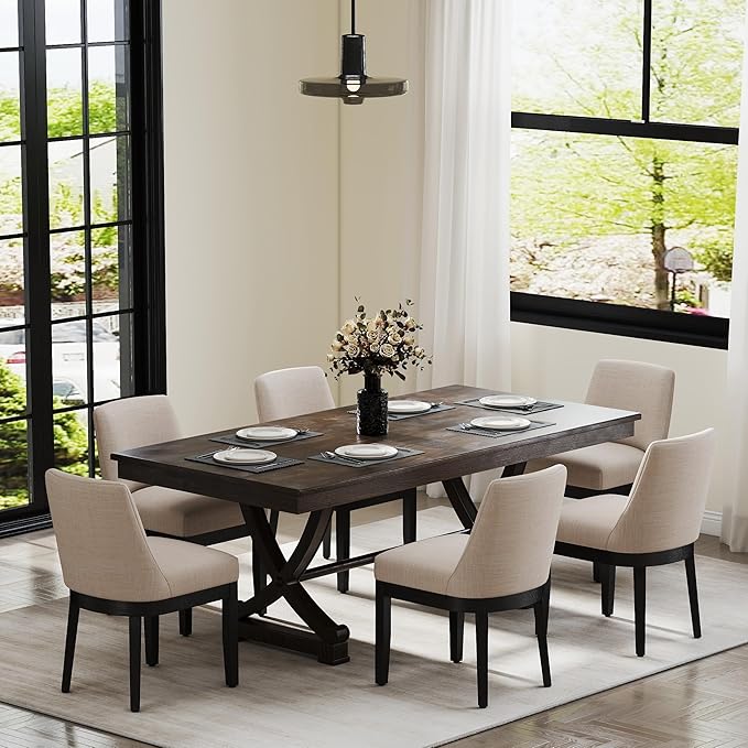 Modern Dining Chairs Set of 6 Comfortable Dining Room Chairs with Back, Linen Fabric Upholstered Kitchen Side Chairs with Black Wood Legs for Living Room, Beige