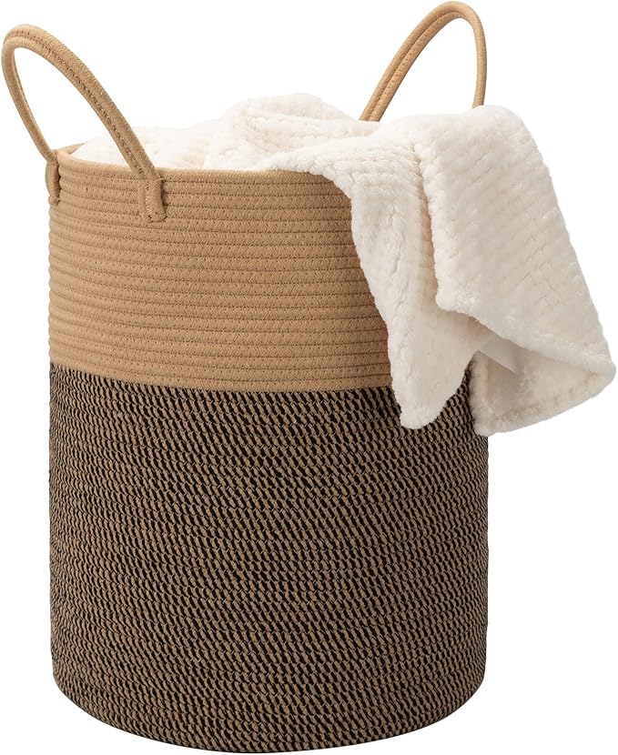 58L Cotton Rope Laundry Basket (20"x15"),Woven Basket for Storage Dirty Clothes Basket for Laundry, Living Room, Nursery, Bedroom Rope Storage Basket for Blankets（Brown/Stitches）