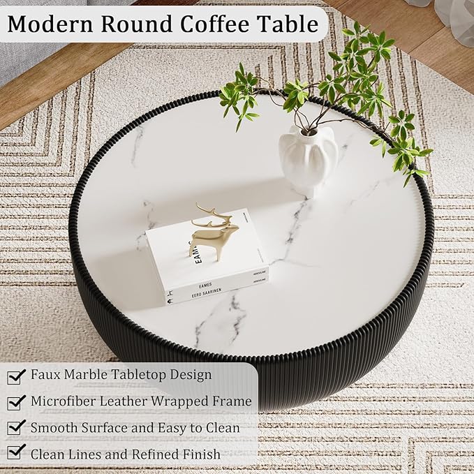 Round Coffee Table Set with Sintered Stone Tabletop, 27.56" Black Drum Center Table and 19.69" White Coffee Table Set, 2 Pieces Living Room Table Set with Fluted PU Leather Cover& Metal Base