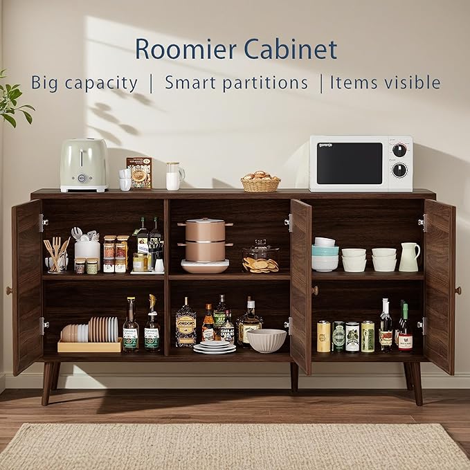 59" Rattan-Door Sideboard Cabinet with Shelf, 3-Door TV Stand Credenza Buffet with Generous Storage, Modern Accent Cabinet for Living Room & Kitchen, Walnut