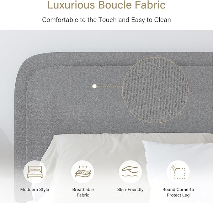 BarnFurin Full Size Bed Frame with Headboard, Boucle Upholstered Platform Bed Frame, Modern Style, Soft Rounded Corners, No Box Spring Required, Easy Assembly, Light Grey