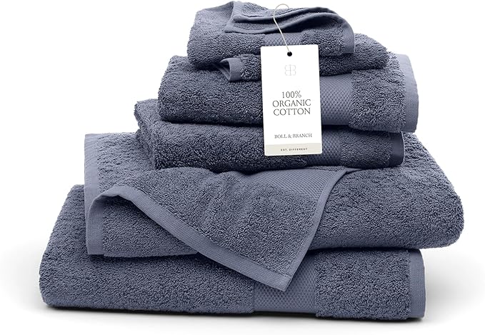 BOLL & BRANCH Plush Bath Towel Set - Mineral - 6 Piece - Includes 2 Bath Towels, 2 Hand Towels & 2 Washcloths - 100% Organic Cotton - Ultra Soft & Luxurious - Quick Absorbing