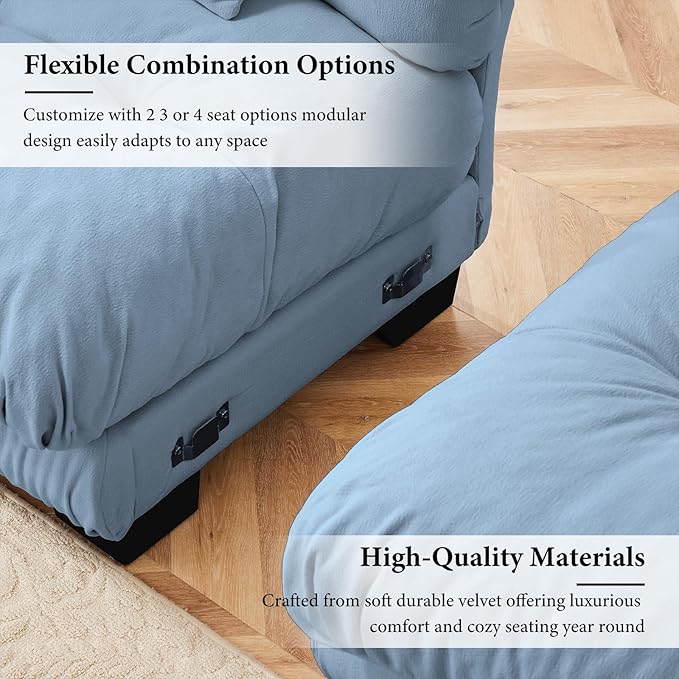 173.2" Oversized Couch, 4 Seater Modular Sectional Sofa, Blue Large Sectional Couches for Living Room, Fluffy Chenille Fabric Cloud Couch with 5 Pillows, Deep Seat Sofas