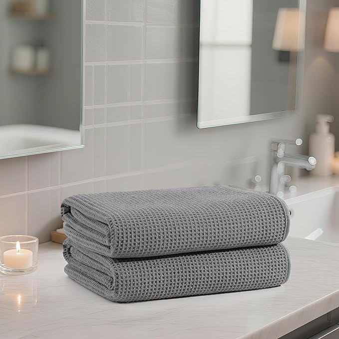 POLYTE 380 GSM Microfiber Oversize Quick Dry Lint Free Waffle Bath Towel for Body, 60 x 30 in, Set of 2
