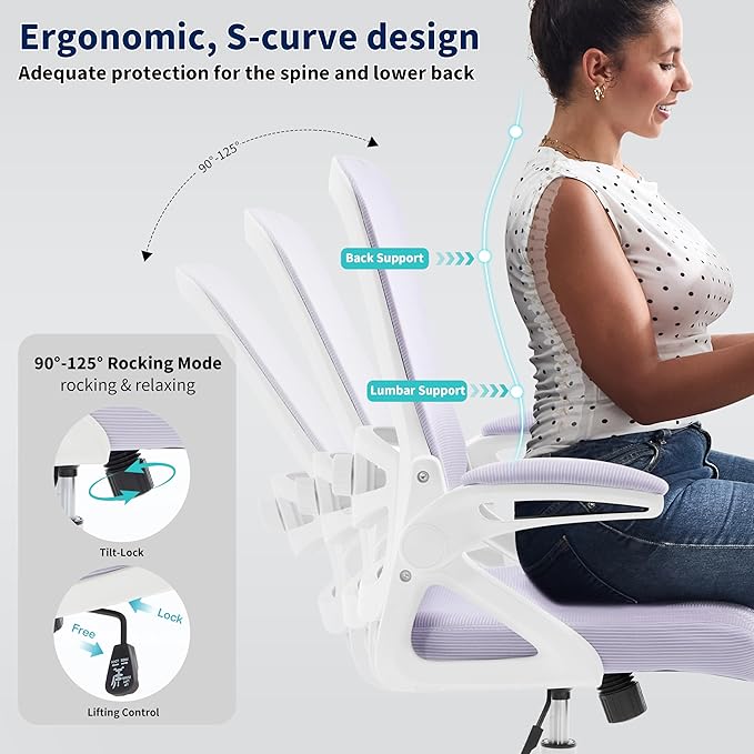 Ergonomic Office Chair, Desk Chair with Adjustable Lumbar Support, Breathable Mesh Comfy Computer Chairs with Flip-up Armrests Executive Task Chair for Adults Home Office(Lavender)