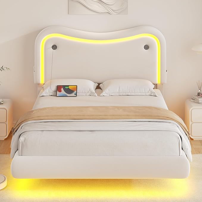 Queen Size Floating Bed Frame with LED Lights, Velvet Upholstered HeadboardBed Frame, Rounded Corners, Charging Station, No Box Spring Needed, Easy Assembly, White