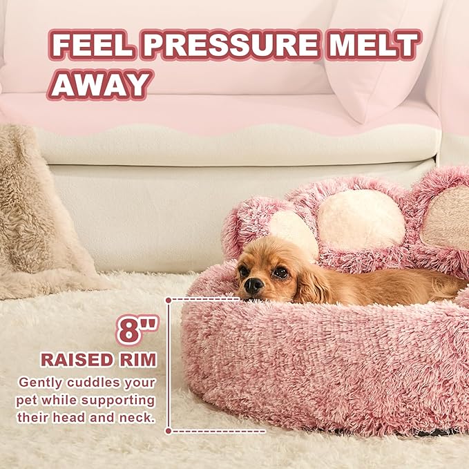 Jiupety Paw Shape Calming Pet Bed, Plush Faux Fur Donut Bed for Dogs & Cats, Machine Washable, Non-Slip Bottom, Large Size (26"×26"×8"), Pink