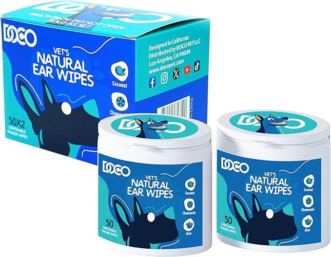 DOCO Dog Ear Cleaner Wipes Finger Cleaning Kit for Dogs & Cats Eucalyptus, Chamomile & Aloe Cat Ear Cleaner Soothes, Deodorizes & Helps Itchy Ears (100 Count)