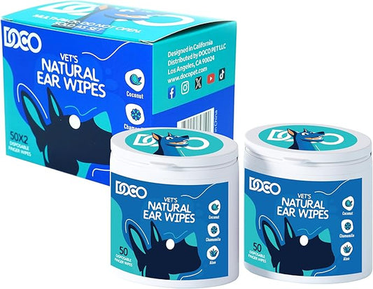 DOCO Dog Ear Cleaner Wipes Finger Cleaning Kit for Dogs & Cats Eucalyptus, Chamomile & Aloe Cat Ear Cleaner Soothes, Deodorizes & Helps Itchy Ears (100 Count)