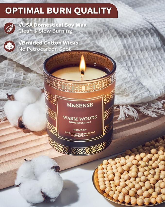 M&SENSE Christmas Candles - Warm Wood Scented Candle for Home, 7.4 Oz, 45 Hour Burn Time, Fall Winter for Men & Women, Xmas Thanksgiving Gift