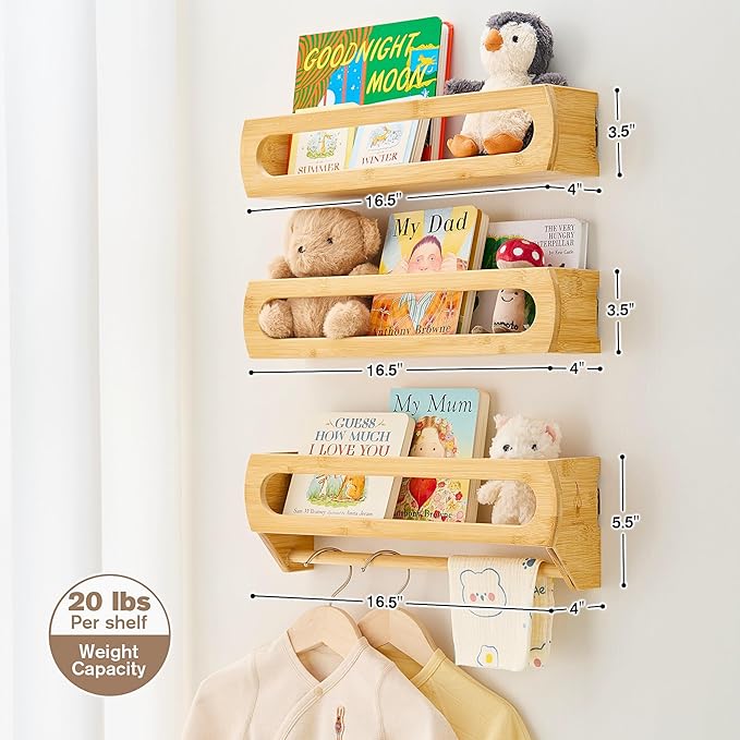 Bamboo Nursery Floating Book Shelves for Wall, Fully Assembled – Set of 3 Wall Mounted Bookshelves for Kids Room, Baby Room, Nursery Decor, 16.5 Inch Natural