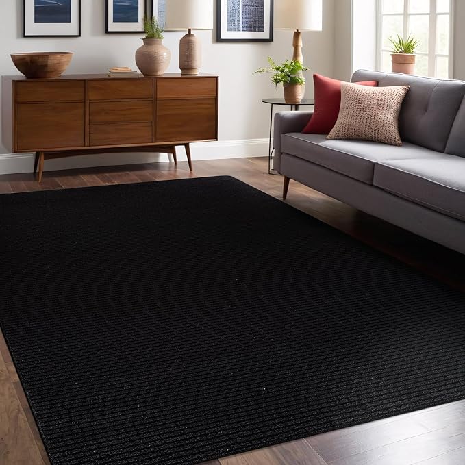 Non Slip Black Solid Rubber Back Thing Rug for Living Room 6x9 Area Rugs for Kitchen, Rugs for Bedroom, Stain Resistant Easy Cleaning Non Shedding Carpet Black 6 x 9