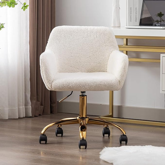 Goujxcy Fluffy Desk Chair, White Faux Fur Vanity Chair Swivel Office Chair for Girls Women, Height Adjustable Cute Teddy Furry Makeup Chairs for Bedroom Home Office