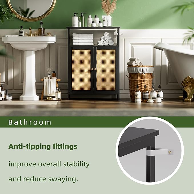 Bamboo Floor Rattan Cabinet, Bathroom Storage Organizer Rack with 2 Doors and 1 Shelf, Space Saving Wood Kitchen Cupboard, Hallway Side Table, Living Room Freestanding Stand (Black)