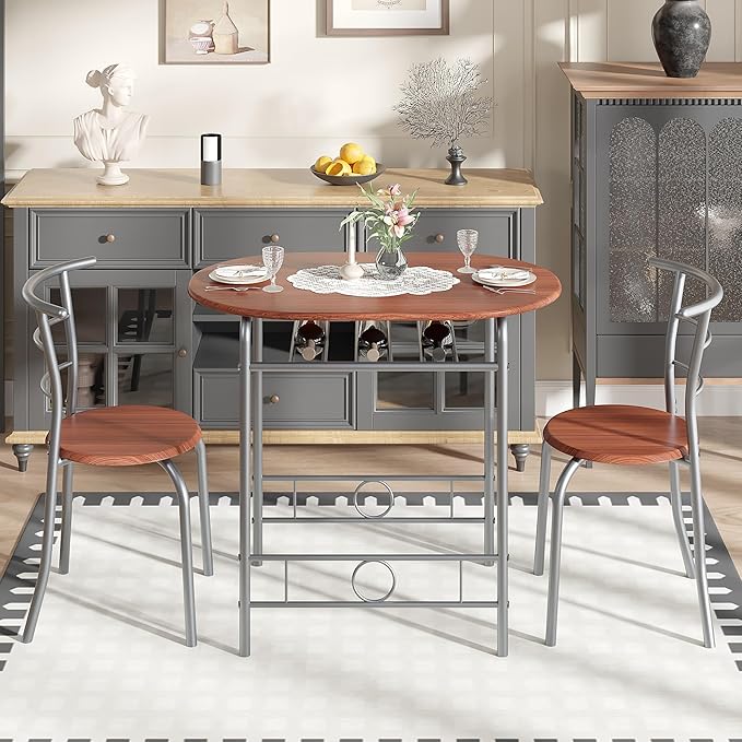 VECELO 3-Piece Dining Table Set for Kitchen Breakfast Nook, Wood Grain Oval Tabletop and Metal Frame with Built-in Wine Rack, for Small Spaces, Brown & Silver