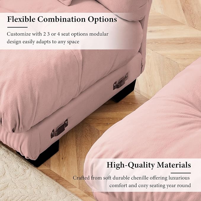 173.2" Oversized Couch, 4 Seater Modular Sectional Sofa, Pink Large L Shaped Fluffy Couch Set, Chenille Cloud Sofas with Ottoman for Living Room