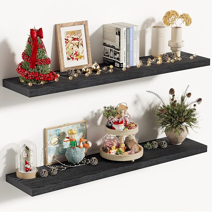 Vivelove 36 Inches Floating Shelves Wall Mounted, 10" Deep Wall Shelves for Bedroom, Bathroom, Living Room, Kitchen, Office, Home Decor, Modern Shelf, Set of 2, Black, 36x10.2x1.5
