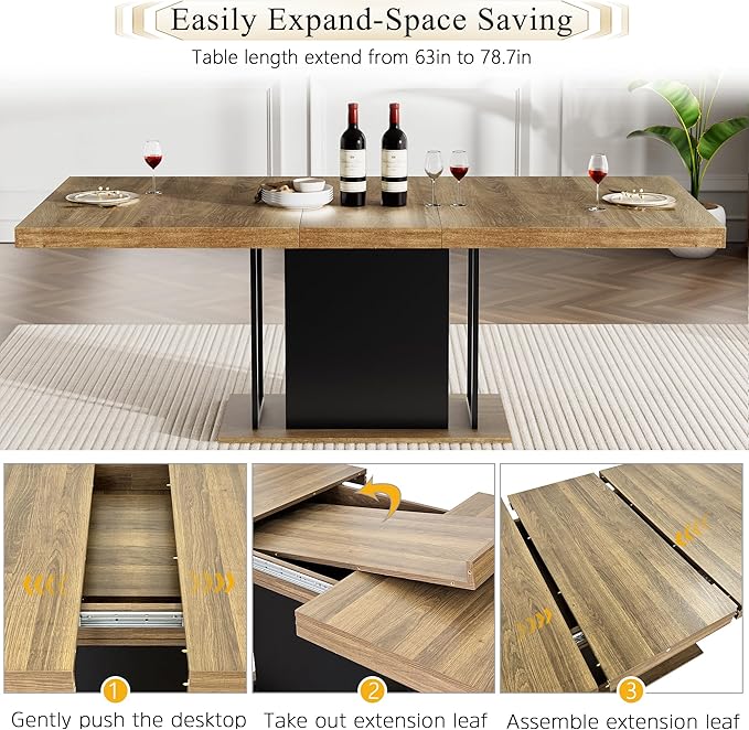 Goujxcy 78.7" Farmhouse Extendable Dining Room Table Set for 6, 7-Piece Rectangle Kitchen Dining Room Table Set with Wood Base and 6 Blue Velvet Dining Chairs, Extending Kitchen & Dining Table Set