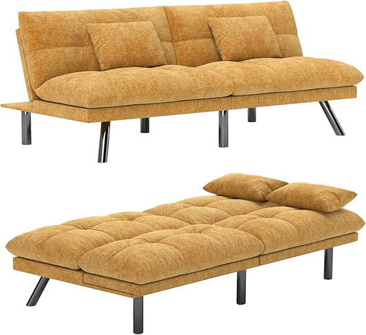 Futon Sofa Bed Convertible 70 inch Solid Wood Couch for Living Room, Chenille Fabric, 2 Cushions (Caramel Orange)