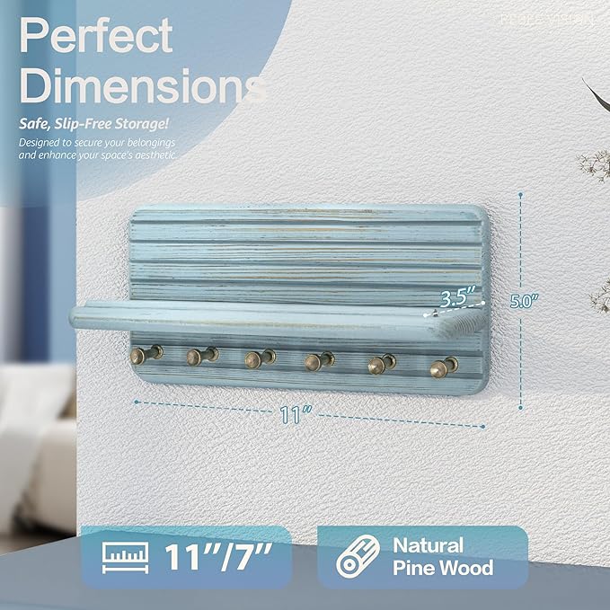 Rebee Vision Pine Wood Key Holder Wall Mount for Room Accessories – Decorative Key Holder for Wall with 6 Hooks & Floating Shelf – Rustic Wall Organizer for Home Decor Aesthetic (Blue)