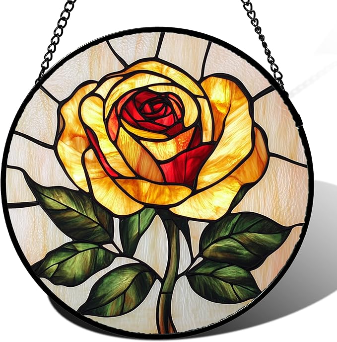 Stained Glass Window Hanging - Elegant Yellow Rose Flower Sun Catcher for Door Garden Home Decor Suncatcher Christmas Mother's Day Birthday Gifts for Women Mom Girl Nana Friend 15 in