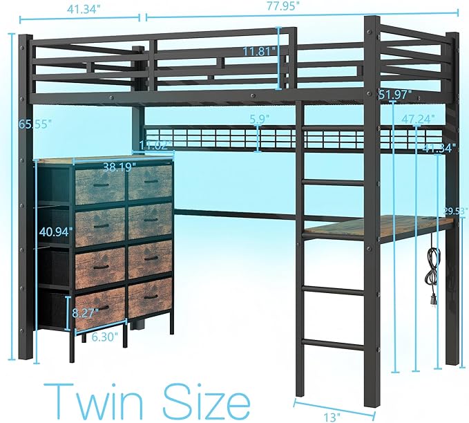 Loft Bed Twin Size with Desk, 8 Storage Drawers, Power Outlet, LED Metal Loft Bed with Storage Shelve, Bed with Safety Guardrail & Ladders,Space-Saving,Black