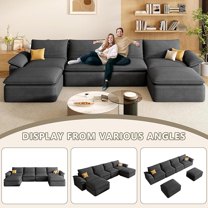 142" Cloud Sectional Couch with U-Shaped Chaise, Corduroy Sectional Sofa with Ottoman, Boneless Couch with Deep Seat in a Box for Living Room, No Assembly Required (Dark Grey)