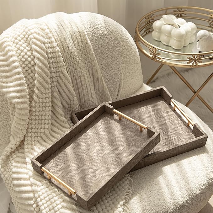 2 Piece Woven Leather Ottoman Tray with Gold Handles, Perfect Rectangular Serving Tray for Living Room, Coffee Table Tray as Thoughtful Gift for Home Decor Enthusiasts (Coffee Brown)