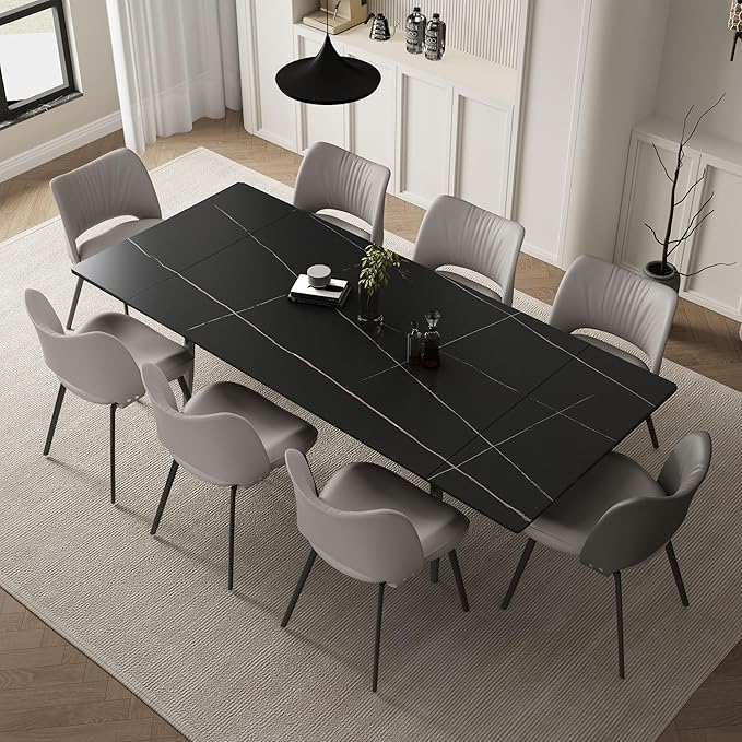 Extendable Dining Table (62.9" to 94.4") for 6 to 10 - Modern Rectangular Sintered Stone Table with High Hardness and Easy Maintenance - Stylish Black