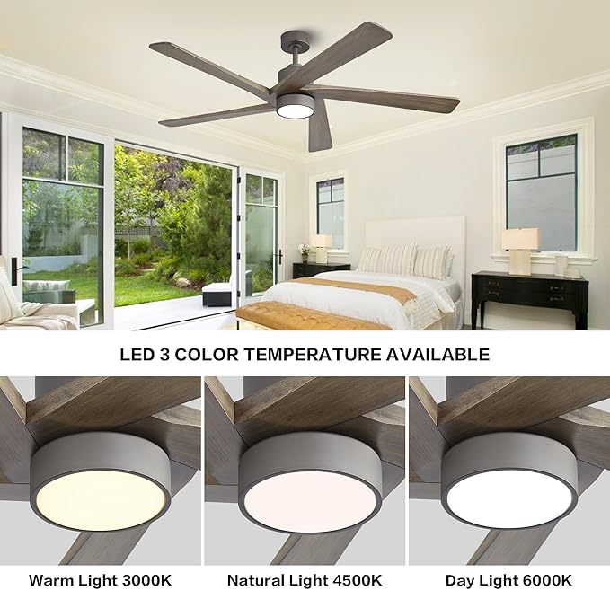 WINGBO 64 Inch DC Ceiling Fan with Lights and Remote Control, 5 Reversible Carved Wood Blades, 6-Speed Noiseless DC Motor, Modern Ceiling Fan in Graphite Finish with Gray Blades, ETL Listed