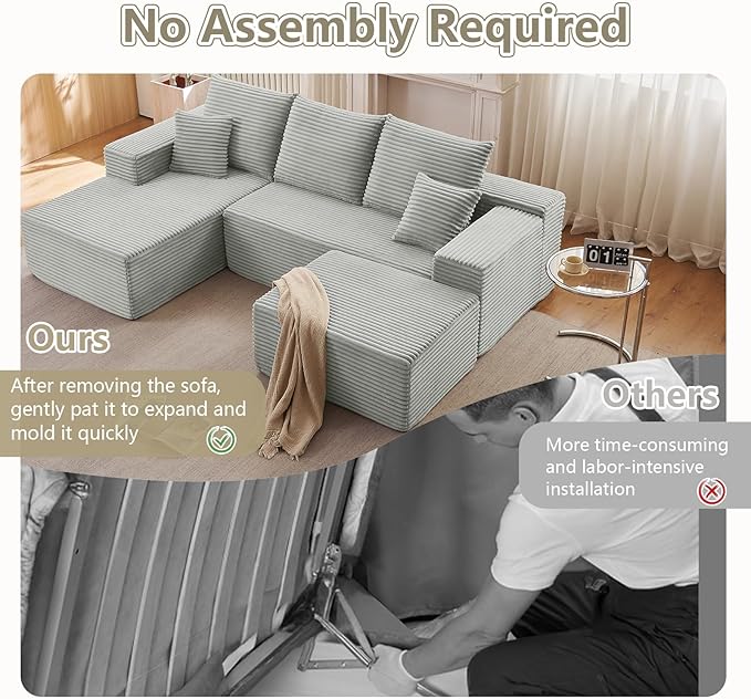 107" L-Shape Sofa with Ottoman, Modern Modular Sectional Comfy U-Shape Cloud Couch, Deep Seat, Upholstered Corduroy Sleeper Chaise Longue for Living Room Bedroom, No Assembly Required, Grey