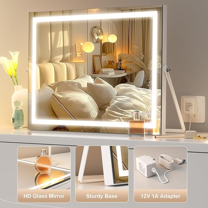 Hasipu Vanity Mirror with Lights, 17.7" x 13.8" LED Makeup Mirror with 10X Magnification, Smart Touch 3 Colors Dimmable, Brightness Adjustment, 360° Rotation, White