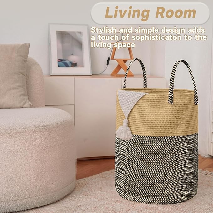 Large Woven Laundry Basket Hamper,60L Cotton Rope Storage Bin for Blankets,Toys and Clothes,Decorative Tall Nursery Hamper for Living Room,Baby Nursery,Bathroom and Bedroom,Brown and Black