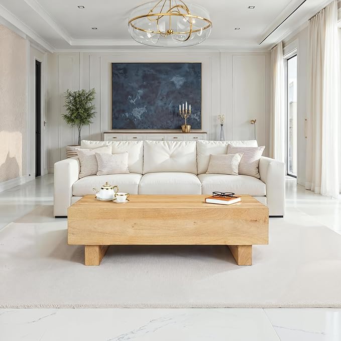 TUP THE URBAN PORT Elias Coffee Table | 42" Rectangular Top | Sandblasted Natural Brown Mango Wood | Wood Sustainably Harvested