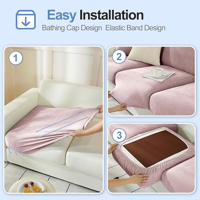 Couch Cushion Covers Individual Large Super Stretch Chenille (Softer Version) Sofa Cushion Covers, Couch Seat Covers Couch Slipcovers Furniture Protector (3PC, Pale Pink)