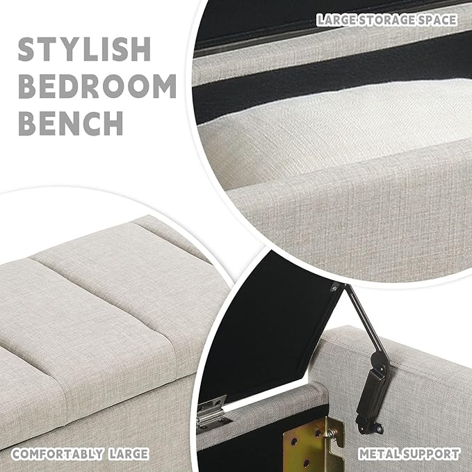 47.25'' Ottoman with Storage, End of Bed Storage Bench, Entryway Bench - Linen Upholstered Multi-Functional Footrest for Bedroom, Living Room, Dorm & Window Bench (Light Grey)