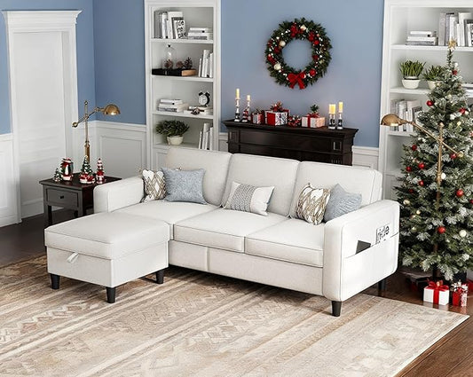 Sectional Sofas Couches for Living Room Convertible 3 Seater L Shaped Couch with Removable Storage Ottoman 78" Modern Linen Beige Sofa for Apartments Studios Dorms Small Spaces