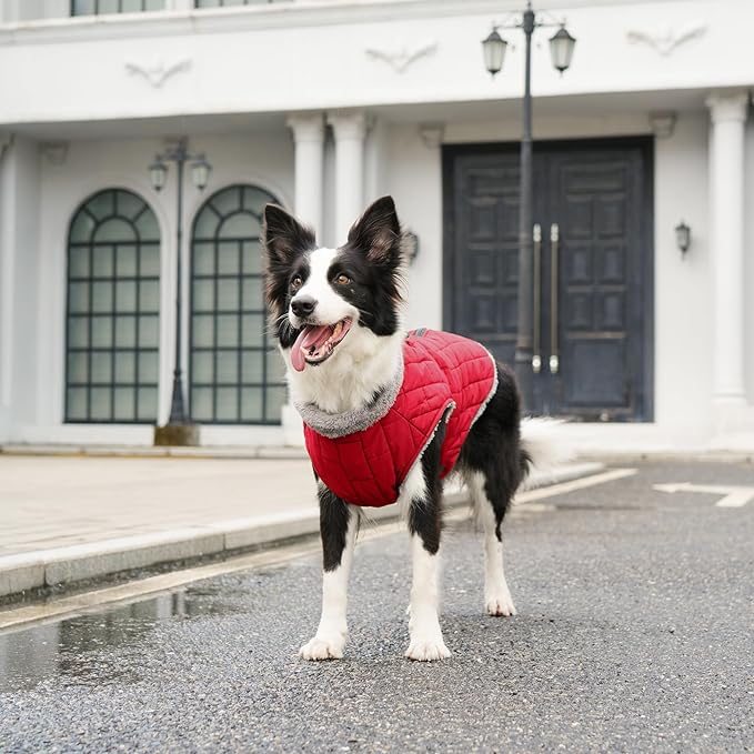 Warm Fleece Dog Coats with Durable Harness Buitl in D-Ring,Waterproof Doggie Jacket for Large Dogs,Dog Vest for Cold Winter,Red XXL