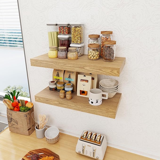 12 Inch Deep Floating Shelves, 24 x 12 Floating Shelf for Books, Rustic Wood Deep Wall Shelves for Home Storage & Display, 2" Thicked Shelves for Kitchen, Living Room, Bedroom, Oak Color, 1 Pack