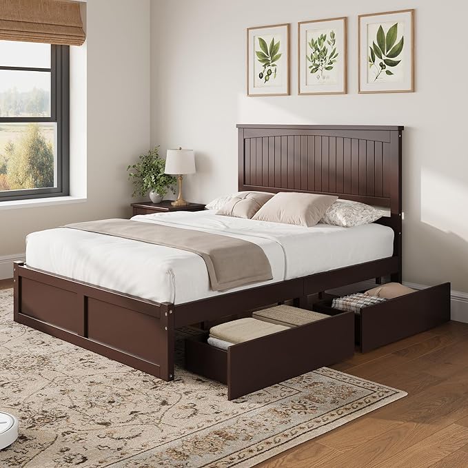 AMERLIFE Full Size Solid Wood Bed Frame with 50" Tall Headboard, Mid-Century Modern Bed with Storage, Wooden Platform Bed with 2 Drawers, No Box Spring Needed, Espresso
