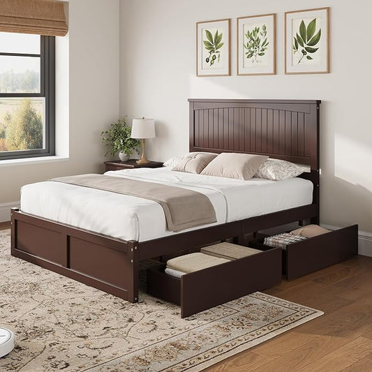 AMERLIFE Full Size Solid Wood Bed Frame with 50" Tall Headboard, Mid-Century Modern Bed with Storage, Wooden Platform Bed with 2 Drawers, No Box Spring Needed, Espresso