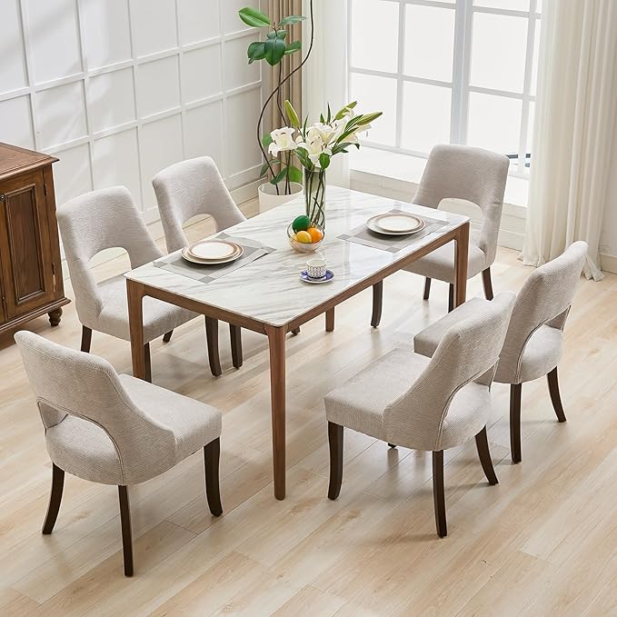 UVV Wooden Dining Chairs Set of 6, Mid Century Modern Upholstered Dining Room Chair Kitchen Chairs, Chenille Dinner Chair with Solid Wood Legs for Kitchen Dining Room, Light Grey-Chenille