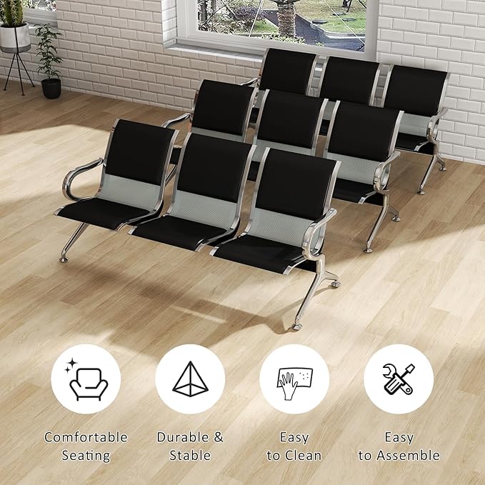 Kinfant 3-Seat Waiting Room Bench Set - PU Leather Office Chair Guest Reception Waiting Room Chair for Airport, Hospital, Bank, Salon, Barbershop, Black(Set of 3)