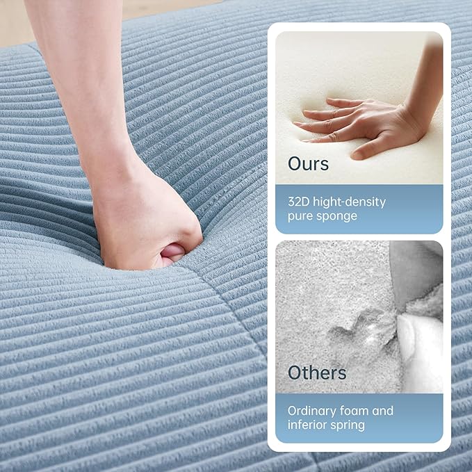 116" Modern Compressed Boneless Couch with Ottoman, 3 Seater Large L Shaped Sectional Couches for Living Room, Blue Corduroy Cloud Modular Sectional Sofa, Memory Foam, Extra Deep, No Assembly